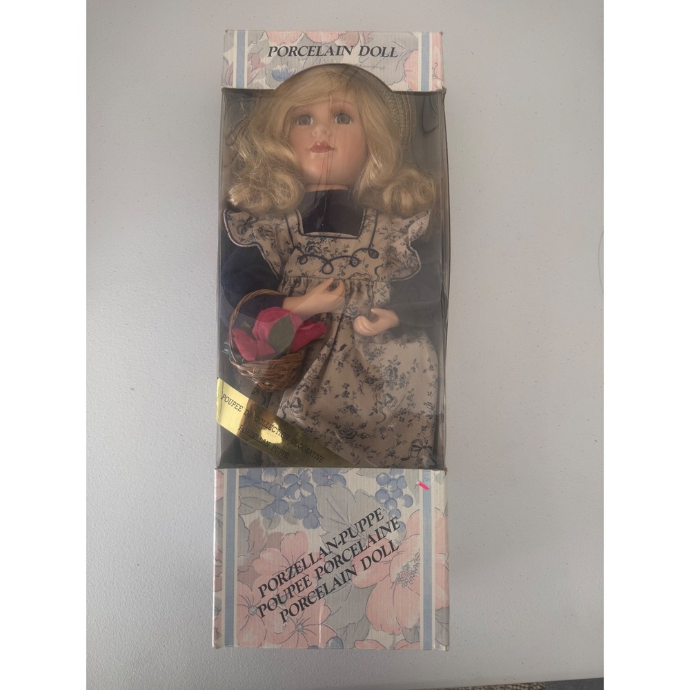Vintage Collectible Porcelain Doll Blonde Hair Blue Eyes Floral Dress with Box